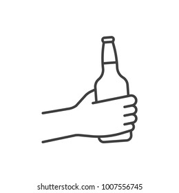 Hand holding beer bottle line icon.