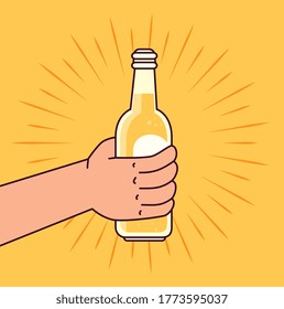 hand holding a beer bottle, on yellow background vector illustration design