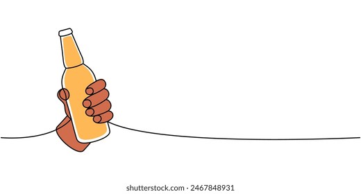 Hand holding a beer bottle one line colored continuous drawing. Beer pub products, cheers continuous one line illustration. Vector linear illustration