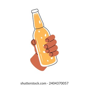 Hand holding a beer bottle. Beer pub product, cheers. Brewing process, brewery factory production element. Vector illustration.