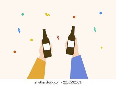 Hand holding beer bottles. Happy people having fun, drinking alcohol celebrating. Holiday, celebration, event, leisure, relaxation concepts. Flat vector design illustration with confetti background. 