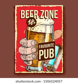 Hand Holding Beer Glass Advertising Banner Vector. Mug With Alcoholic Craft Brewery Drink Beer On Promo Poster Retro Style Grunge Textures. Tavern Creative Concept Layout Flat Cartoon Illustration