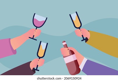 Hand holding beer and glass of champagne cheering each other vector illustration background.