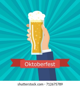 Hand holding beer glass. Concept of Beer Festival.Vector image for web, poster, invitation to party - time to drink. Colorful vector illustration in flat style 