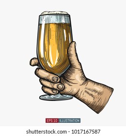 Hand holding beer glass. Engraved style. Hand drawn vector illustration.
