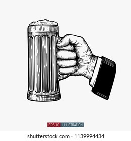 Hand holding beer glass. Engraved style. Octoberfest symbol. Beer festival emblem. Hand drawn vector illustration. Template for yuor design works.