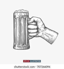 Hand holding beer glass. Engraved style. Hand drawn vector illustration.