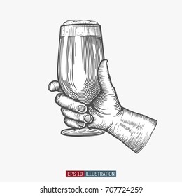 Hand holding beer glass. Engraved style. Hand drawn vector illustration.