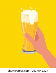 Hand holding a beer glass on a yellow background stock illustration