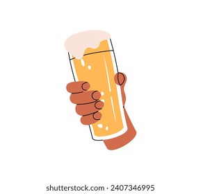 Mano sosteniendo un vaso de cerveza. Producto de pub de cerveza. Proceso de elaboración, elemento de producción de fábrica de cervecería. Ilustración vectorial.