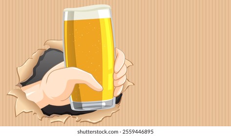 Hand holding beer glass through torn paper