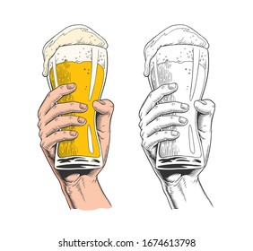 Hand holding a beer glass. Vintage engraving style vector illustration.