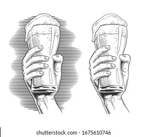 Hand holding a beer glass. Vintage engraving style vector illustration.