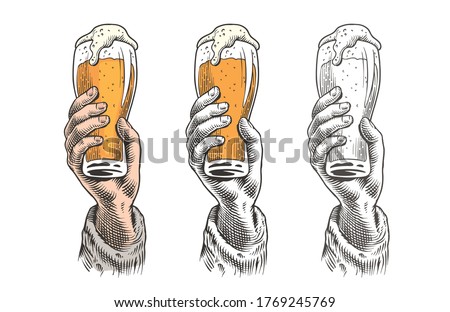 Hand holding a beer glass. Vintage engraving style vector illustration.