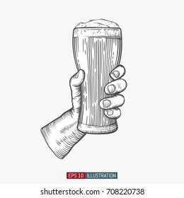 Hand Holding Beer Glasses. Engraved Style. Hand Drawn Vector Illustration.