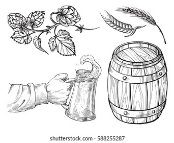 Hand holding with beer mug, barrel, hops, ears in graphic style vector illustration