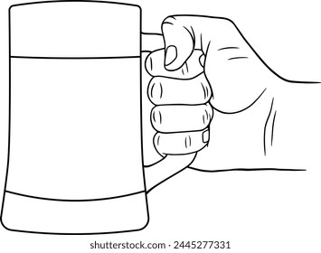 Hand holding beer in a beer mug, hand drawn vector linear illustration