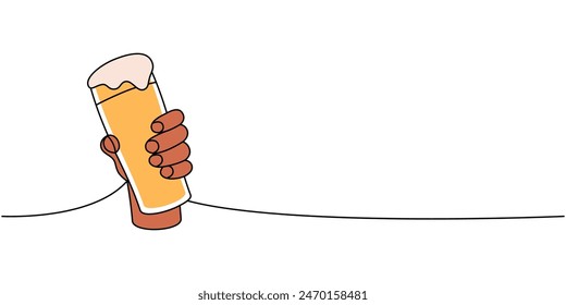 Hand holding a beer mug one line colored continuous drawing. Beer pub products continuous one line illustration. Vector linear illustration.