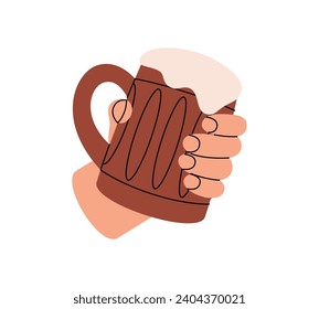 Hand holding a beer mug. Beer pub product. Brewing process, brewery factory production element. Vector illustration.