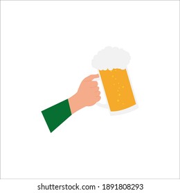 Hand holding a beer mug . Vector illustration in flat style. Isolated on white background.