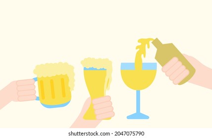 Hand holding beer mug.Oktoberfest festival poster.Beer mug with foam.Glass, bottle, wine and alcohol.Invitation card.Sign, symbol, icon or logo isolated.Cartoon vector illustration.Flat design.