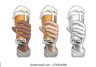 Hand holding a beer pint. Vintage engraving style vector illustration.