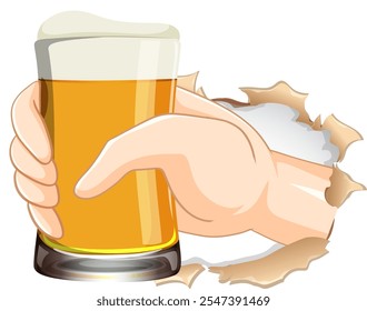 Mão segurando cerveja através de um papel rasgado