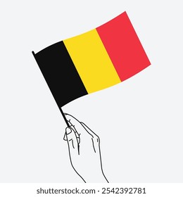 Hand holding Belgium flag in line art drawing style. Belgium hand Flag waving. Vector illustration