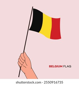 Hand holding Belgium flag in line art drawing style. Belgium hand Flag waving. Vector illustration