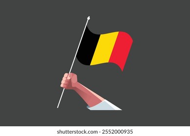 Uma mão segurando uma bandeira da Bélgica, Bandeira da Bélgica símbolo nacional ilustração Vetor, Retângulo Bélgica bandeira ilustração, Vetor plano ilustração
