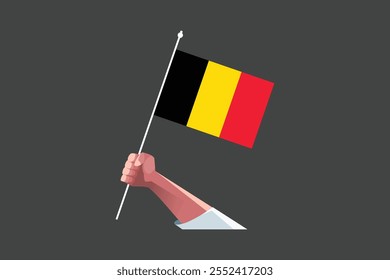 Uma mão segurando uma bandeira da Bélgica, Bandeira da Bélgica símbolo nacional ilustração Vetor, Retângulo Bélgica bandeira ilustração, Vetor plano ilustração
