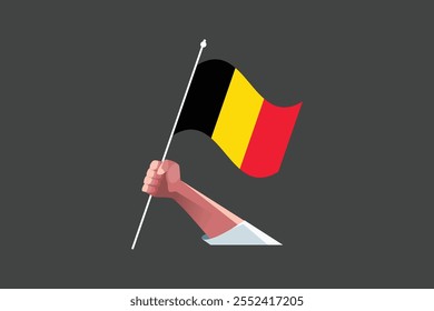 Uma mão segurando uma bandeira da Bélgica, Bandeira da Bélgica símbolo nacional ilustração Vetor, Retângulo Bélgica bandeira ilustração, Vetor plano ilustração
