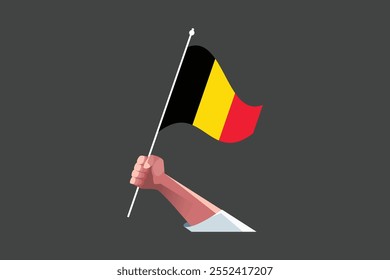 Uma mão segurando uma bandeira da Bélgica, Bandeira da Bélgica símbolo nacional ilustração Vetor, Retângulo Bélgica bandeira ilustração, Vetor plano ilustração
