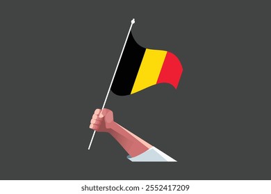 Uma mão segurando uma bandeira da Bélgica, Bandeira da Bélgica símbolo nacional ilustração Vetor, Retângulo Bélgica bandeira ilustração, Vetor plano ilustração
