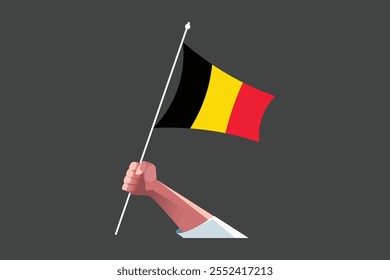 Uma mão segurando uma bandeira da Bélgica, Bandeira da Bélgica símbolo nacional ilustração Vetor, Retângulo Bélgica bandeira ilustração, Vetor plano ilustração
