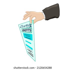 Hand Holding Benefits Package Isolated On White Background.Document With Employee Benefit.Remuneration Or Incentive Payments Concept.Job Perks,utter Corporate Social Support Notion.Vector Illustration