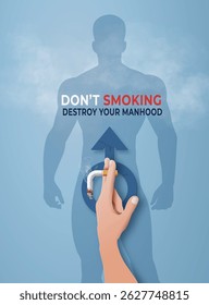 uma mão segurando um cigarro queimando dobrado na frente de uma silhueta masculina com um símbolo de gênero masculino, simbolizando danos à saúde sexual causados pelo tabagismo. Design de conscientização da saúde em estilo de corte de papel.