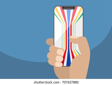 Hand holding bezel free smart phone. Generic colorful background displayed on frameless touchscreen. Illustration with flat design.