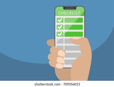 Hand holding bezel-free smartphone with green checklist as concept for mobile and online todo lists. Vector illustration with frameless touchscreen in front of blue background.