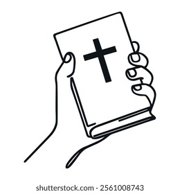 A hand holding a bible. Continuous one line drawing, Vector illustration