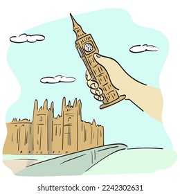 hand holding big ben illustration vector hand drawn isolated on white background line art. 