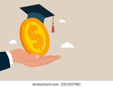 Hand holding big dollar coin wearing academic graduation mortarboard hat. Payment for education. Tuition fees, scholarship. MBA. Vector illustration