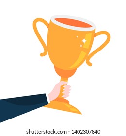 Hand holding big golden trophy cup. Idea of reward and success. Business achievement. Isolated vector illustration in cartoon style