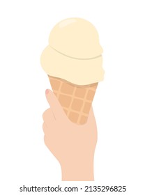 Hand holding big ice cream cone isolated on white color background. Vector illustration for postcard, advertising, poster, design, decor, menu.