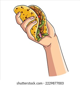 A hand is holding a big jumbo meat vegetables taco in white background