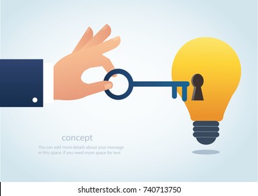 hand holding the big key with keyhole on the lightbulb, concept of creative thinking vector