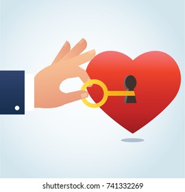 hand holding the big key with keyhole on red heart vector illustration