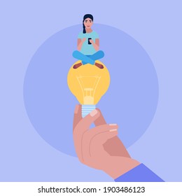 Hand Holding A Big Light Bulb With A Young Woman. Idea Brainstorming Concept. Vector Illustration In A Flat Style.