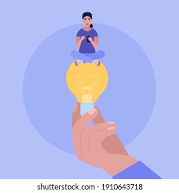 Mano sosteniendo una gran bombilla con una joven. Concepto de lluvia de ideas. Ilustración vectorial en un estilo plano.