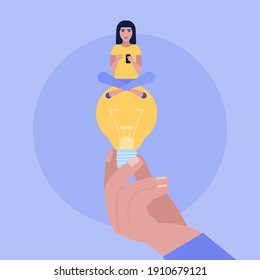 Hand holding a big light bulb with a young woman. Idea brainstorming concept. Vector illustration in a flat style.